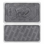 Troy ounce lead collectible bar in display case, minted by CMC Mint, with detailed engravings and protective casing.