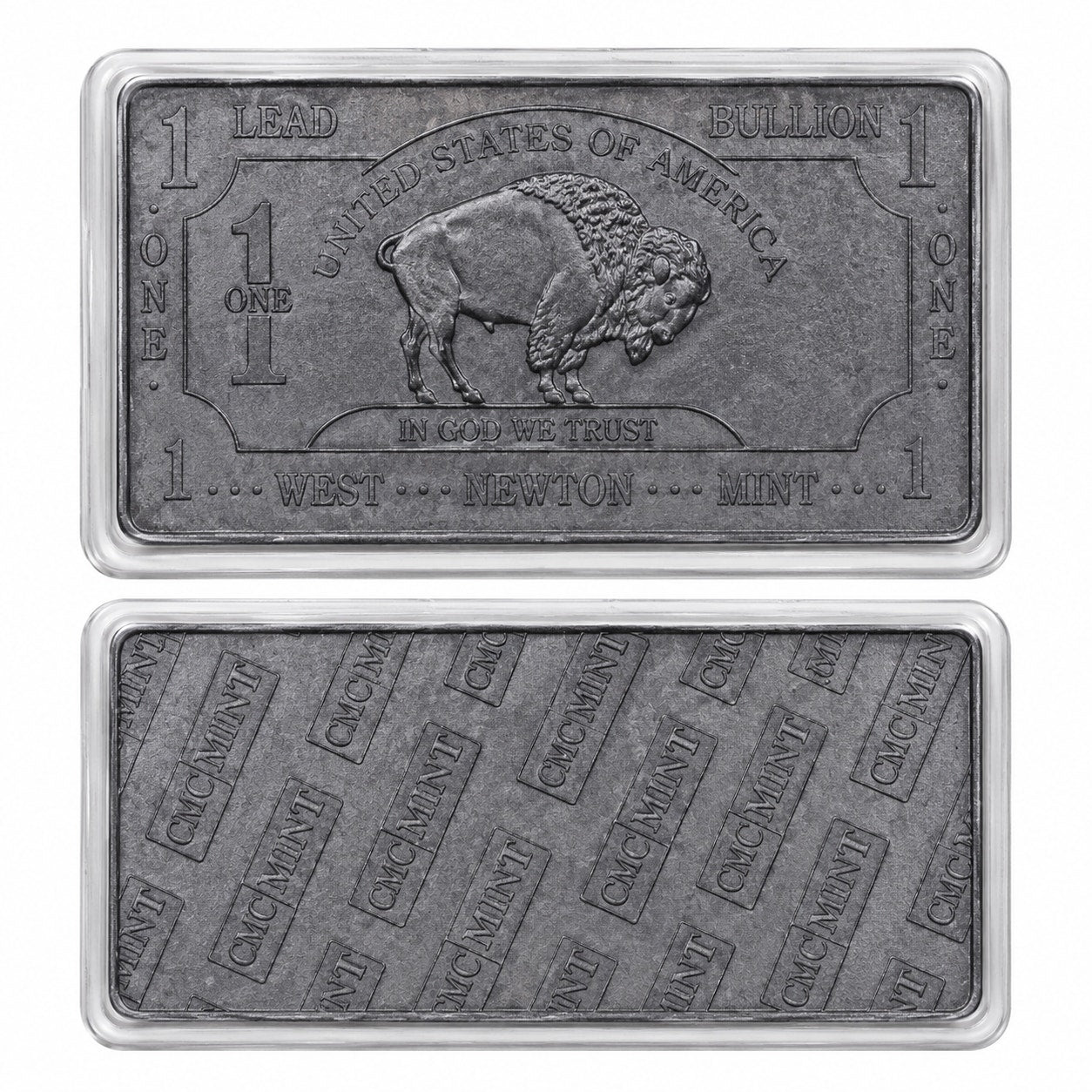 Troy ounce lead collectible bar in display case, minted by CMC Mint, with detailed engravings and protective casing.