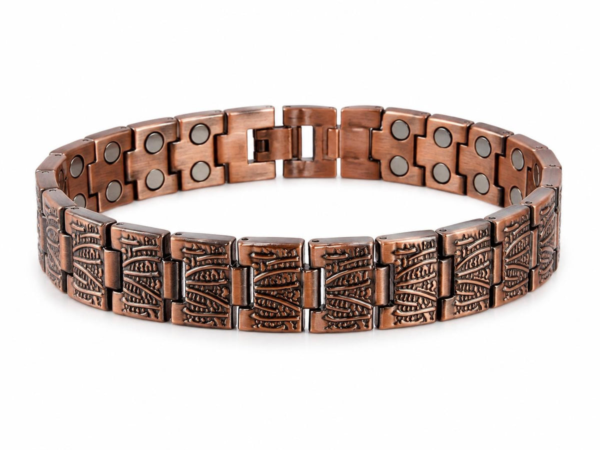 Antiqued copper magnetized bracelet featuring 8-inch length from Republic Mercantile, with detailed textured copper design.