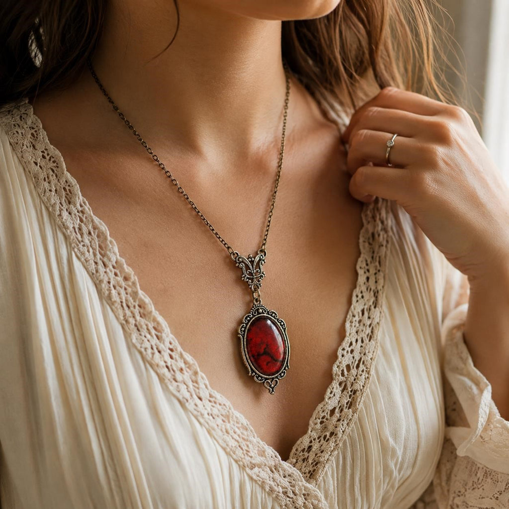 Boho-style oversized gemstone pendant necklace with natural stone and metal chain, designed by Republic Mercantile.