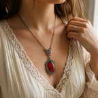 Boho-style oversized gemstone pendant necklace with natural stone and metal chain, designed by Republic Mercantile.