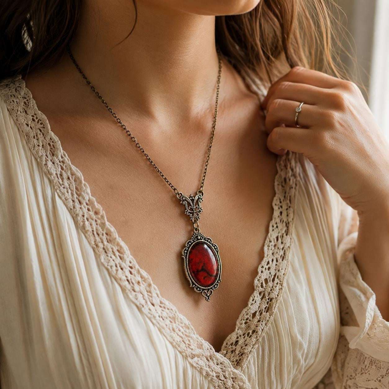 Boho-style oversized gemstone pendant necklace with natural stone and metal chain, designed by Republic Mercantile.