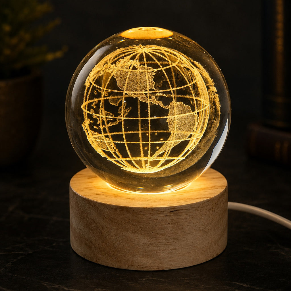 3D Etched Crystal Globe LED Light with USB Display Base