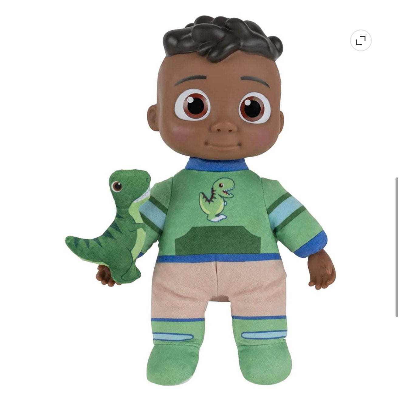 CoComelon My Friend Cody plush toy with dinosaur, soft fabric, and musical feature, perfect for children.