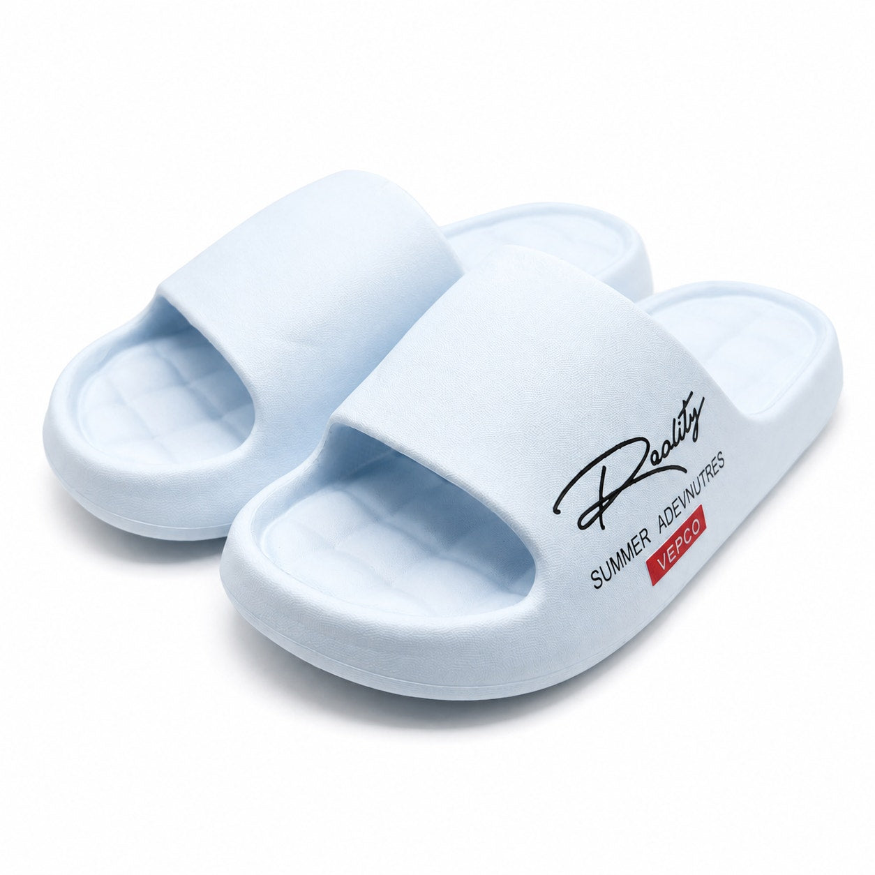 Light blue Vepco Reality cushioned slides for women, size 8 Euro 38-39, featuring comfortable strap design.