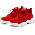 FME athletic sneakers in red and white, unisex style, women's size 11.5 and men's size 10, Euro 43, shown from the side.