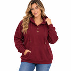 Moshu women's half-button sweatshirt hoodie with drawstring, size L, casual pullover in soft fabric, featuring a relaxed fit and neutral color.