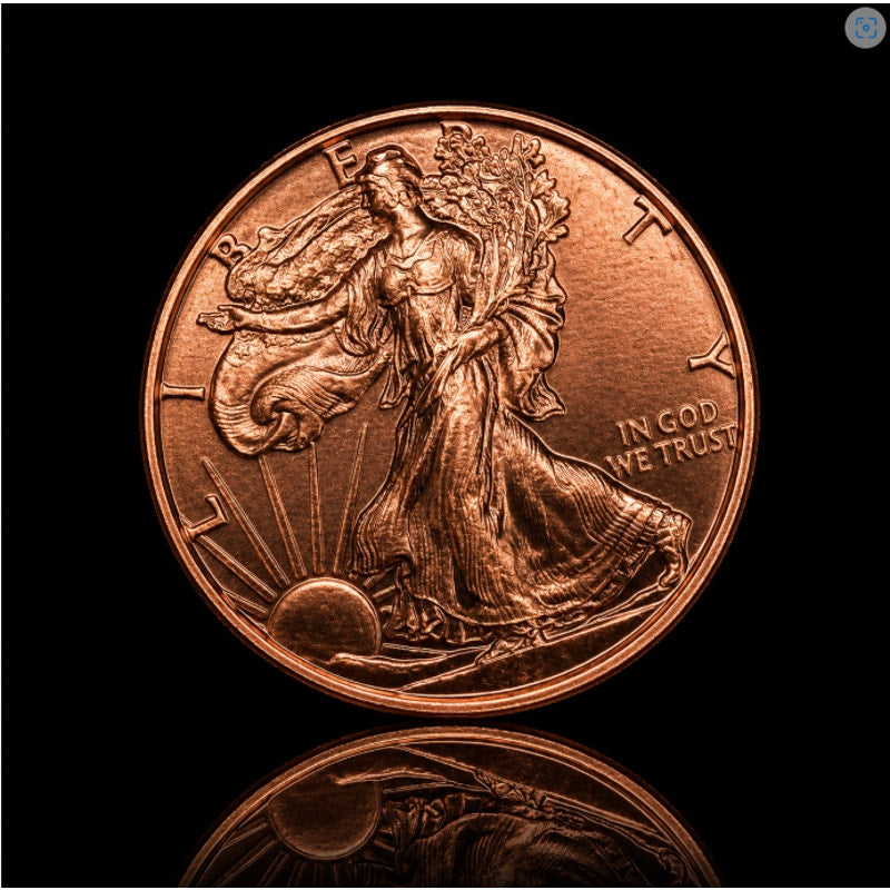 Fine copper collectible coin featuring Walking Liberty design, 1 oz .999 pure copper coin from Republic Mercantile.