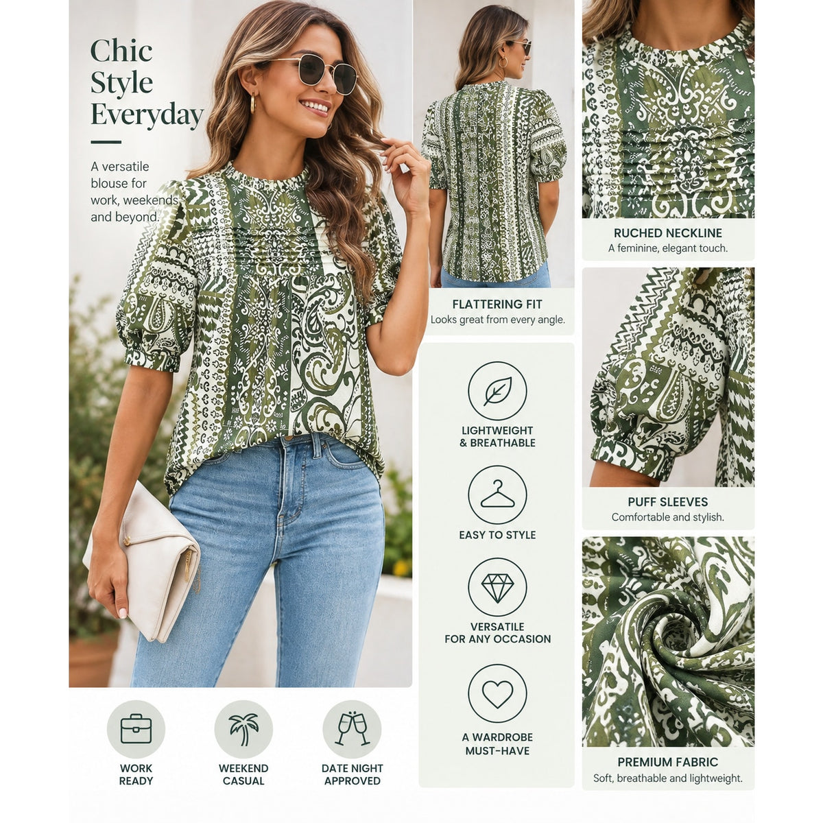 Prettygarden women's green floral short-sleeve blouse with a relaxed fit, showcasing vibrant flower patterns and a classic collar.
