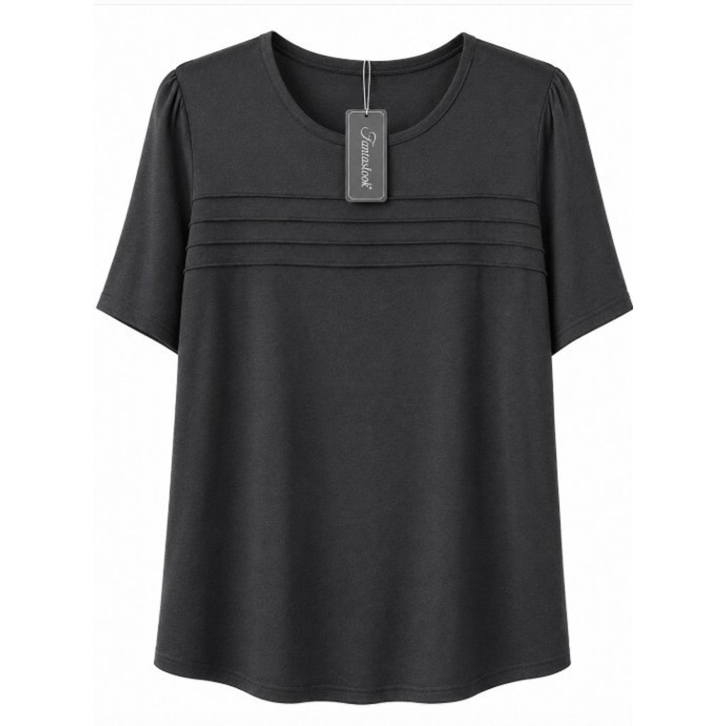 Fantaslook black pleated front short sleeve blouse in size 2XL, showing the front view with pleated detail and classic neckline.