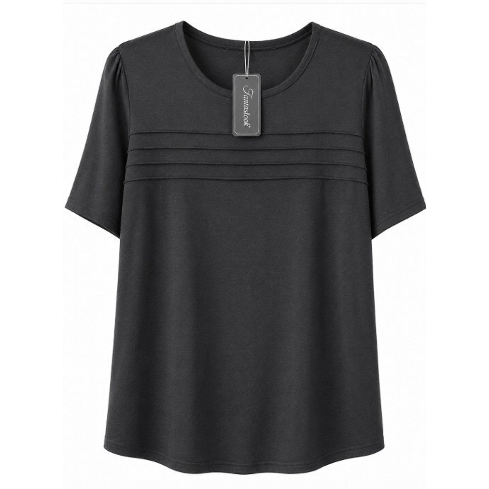 Fantaslook black pleated front short sleeve blouse in size 2XL, showing the front view with pleated detail and classic neckline.