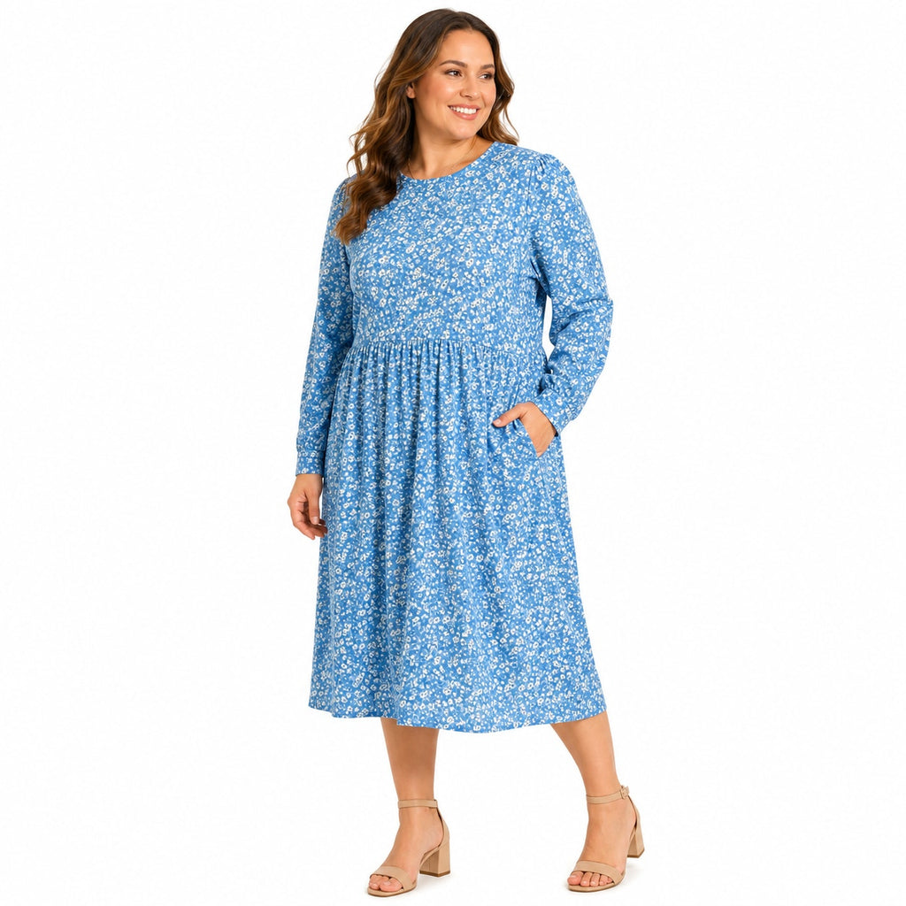 Fantaslook Long-Sleeve Blue Floral Dress Size L