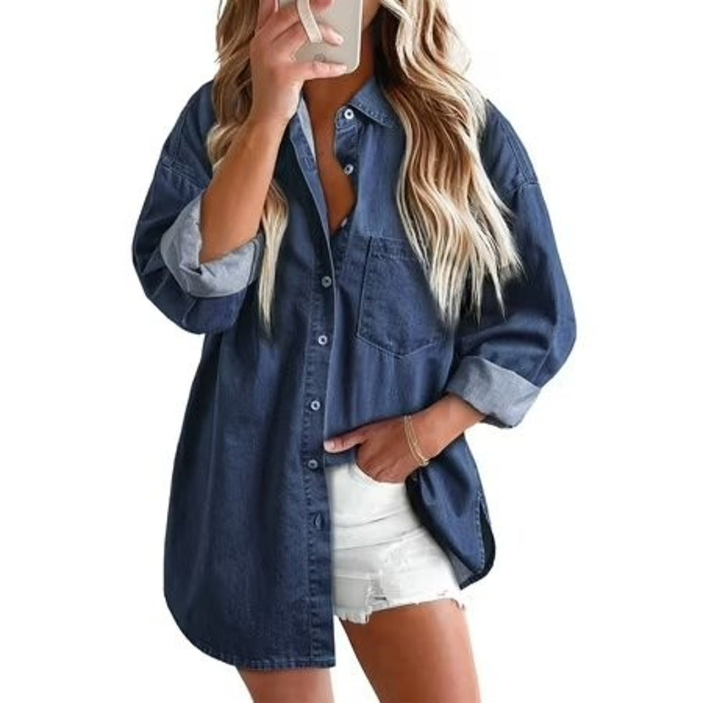 Fantaslook women's denim shirt with long sleeves, button-down blouse in size small, casual and stylish blue denim top.