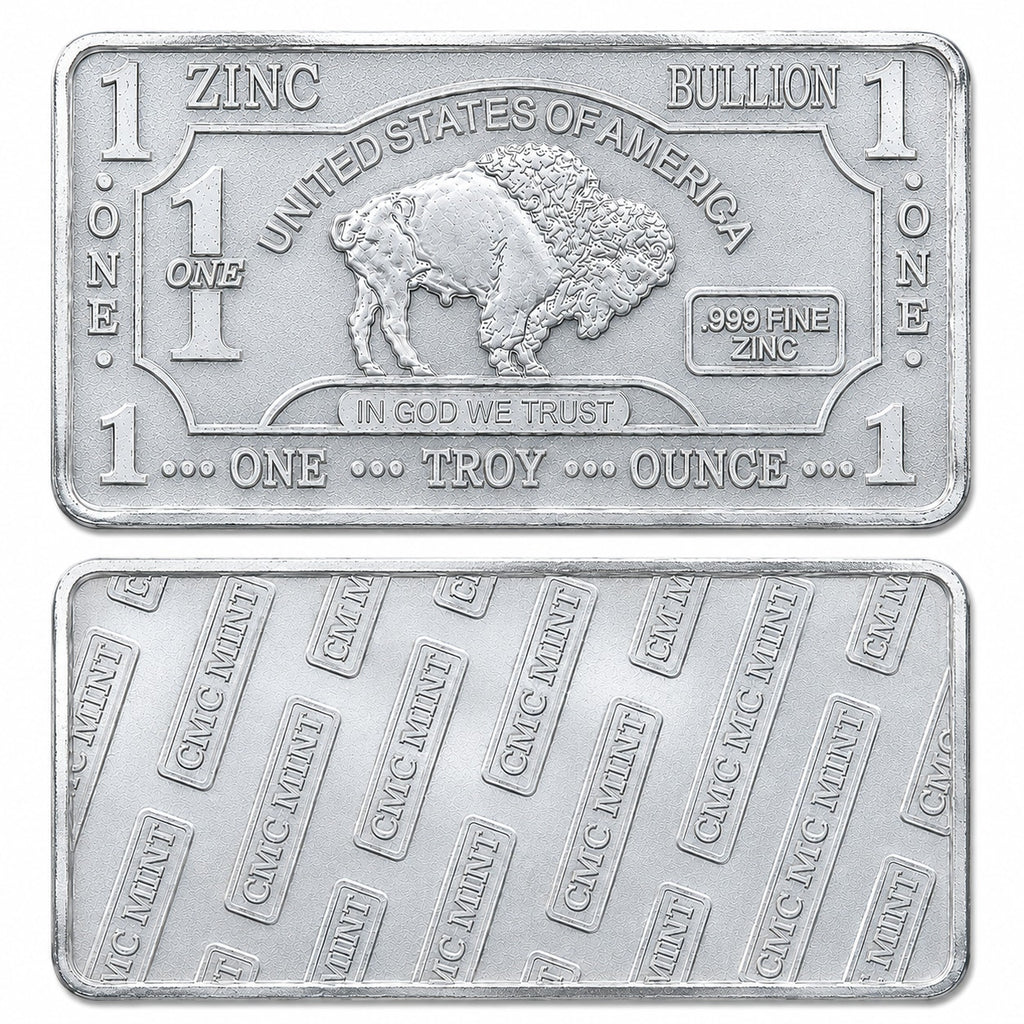 Close-up of a 1 oz .999 fine zinc collectible bar from CMC Mint, showcasing the detailed design and shiny metallic surface.
