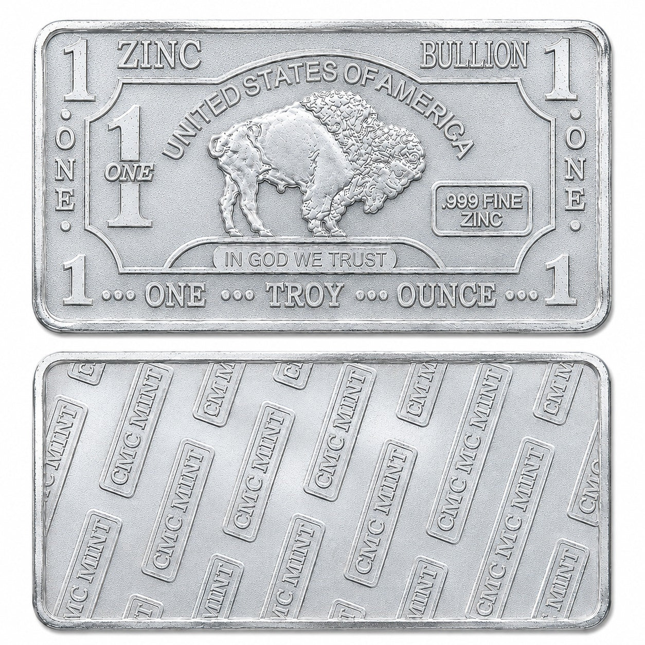 Close-up of a 1 oz .999 fine zinc collectible bar from CMC Mint, showcasing the detailed design and shiny metallic surface.