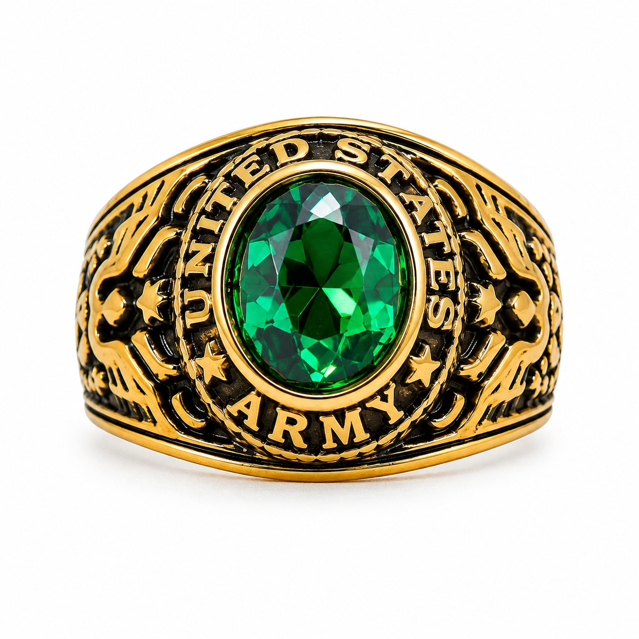 Men's US Army signet ring in green with size 9 from Republic Mercantile, featuring military emblem on a polished band.