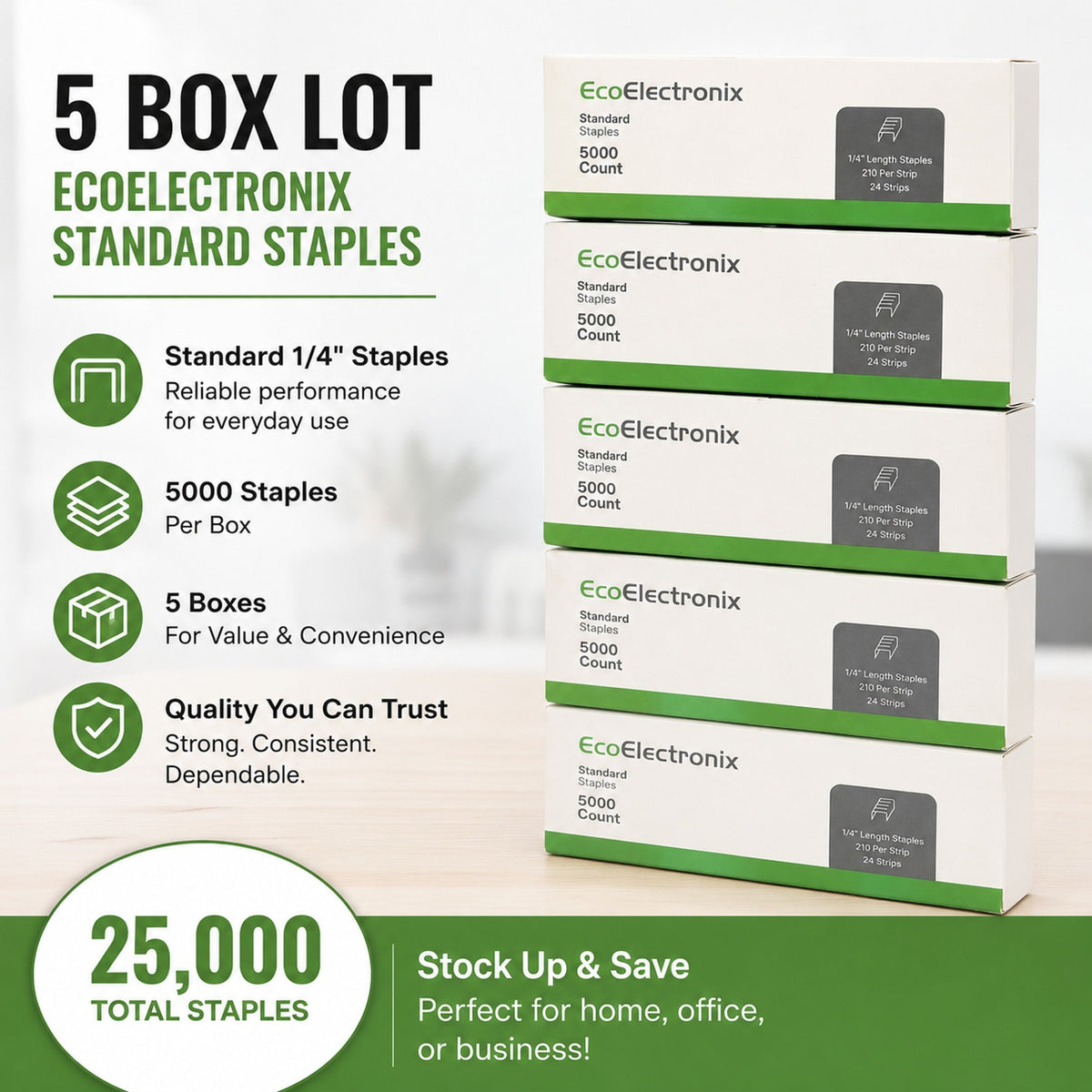EcoElectronix 1/4-inch staples in five boxes, jam-free design, 5,000 staples per pack, totaling 25,000 staples for heavy-duty use
