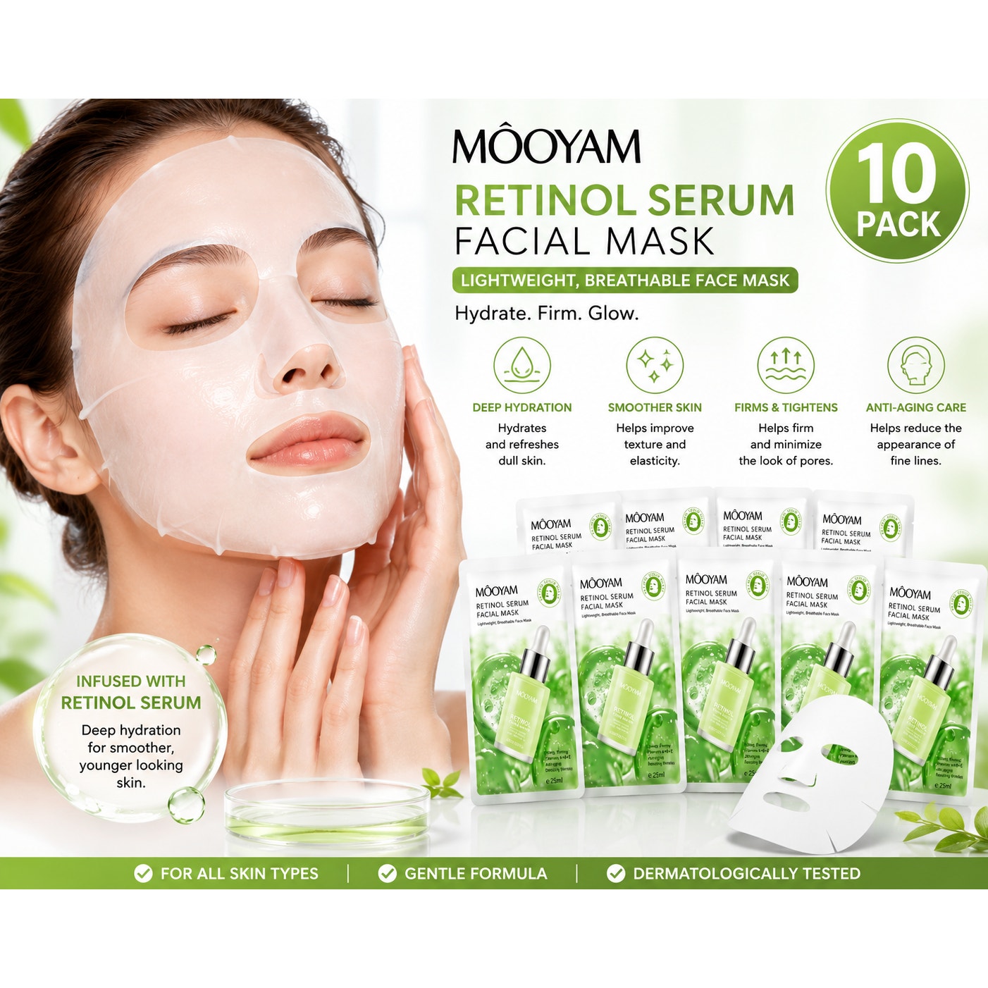 Mooyam Retinol Serum Facial Masks 10-Pack