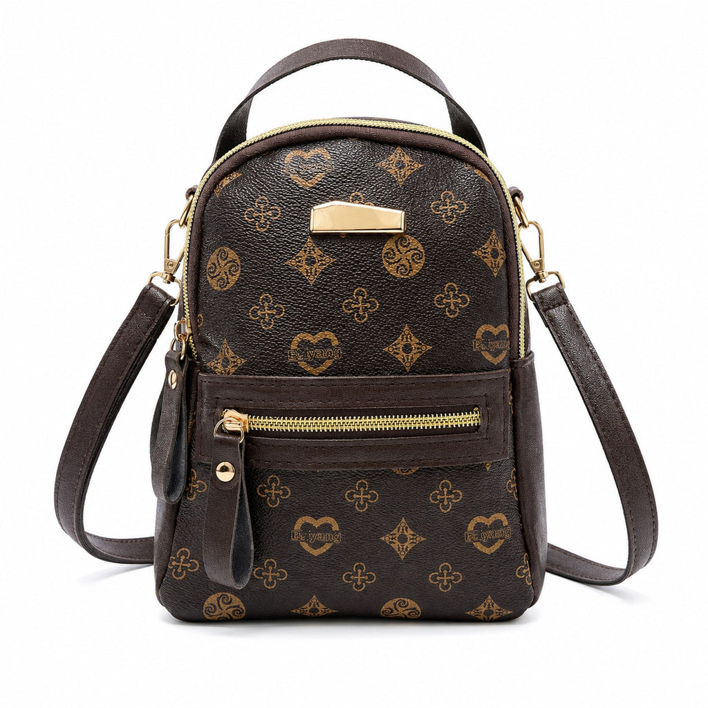 Brown Aohao heart-shaped crossbody faux leather backpack with zipper closure and adjustable strap, stylish and compact bag.