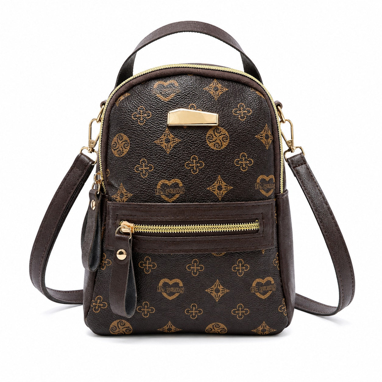Brown Aohao heart-shaped crossbody faux leather backpack with zipper closure and adjustable strap, stylish and compact bag.