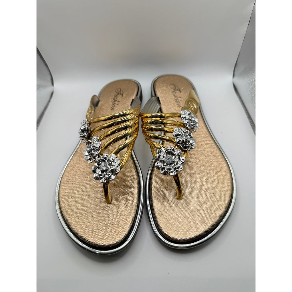 Bejeweled women's gold sandals by Republic Mercantile with bling accents, size US 9-9.5, featuring sparkling straps and comfortable design.