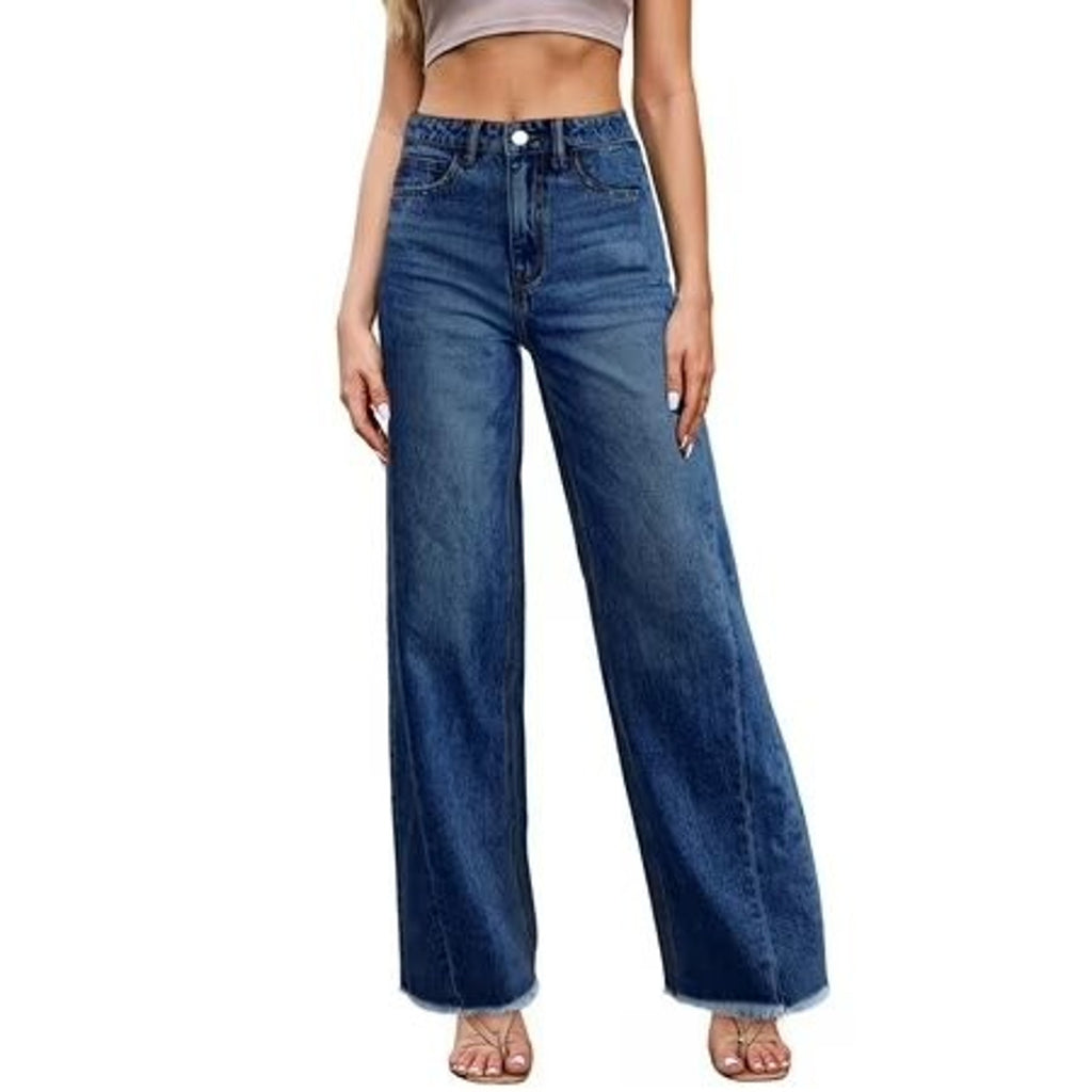 DOKOTOO women's high-waisted wide leg jeans with stretchy denim, raw frayed hem, size 10, featuring a casual, relaxed fit.