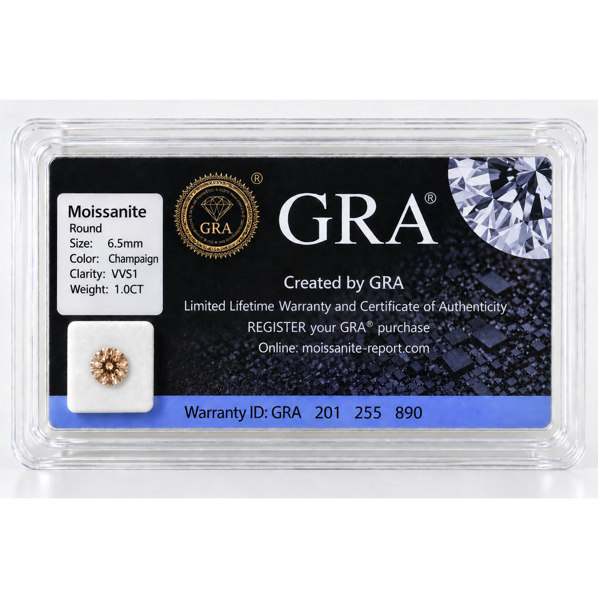 1ct Champaign Moissanite Round 6.5mm VVS1 Loose Gemstone GRA Card & Case Certified