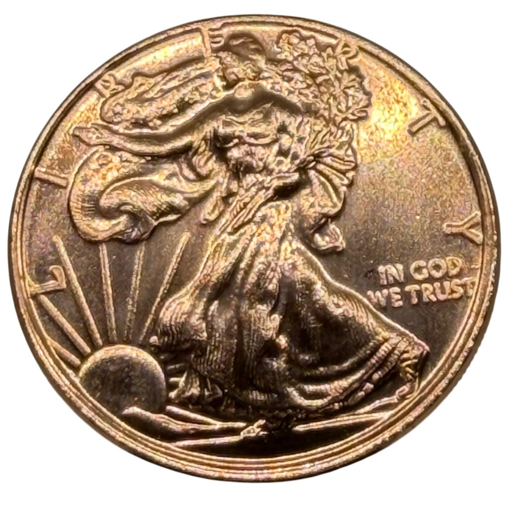 Republic Mercantile 1 oz .999 fine copper collectible coin with Walking Liberty design, detailed image showing the coin's intricate artwork.