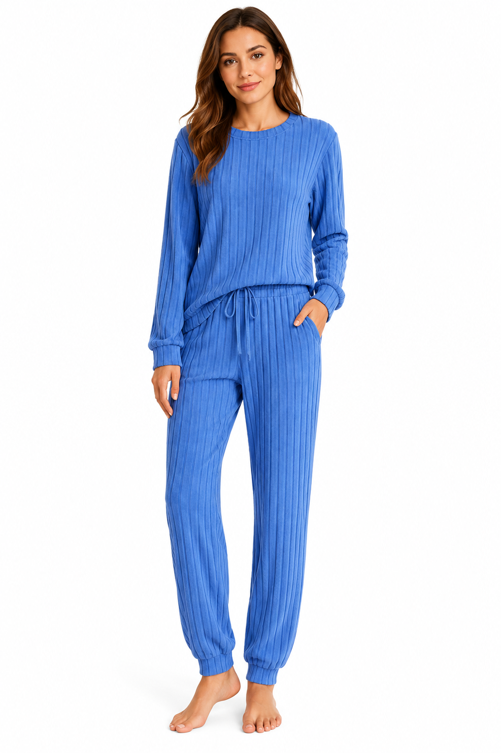 Fantaslook women's ribbed blue lounge set featuring a soft, two-piece outfit with long sleeves and matching pants, size small.