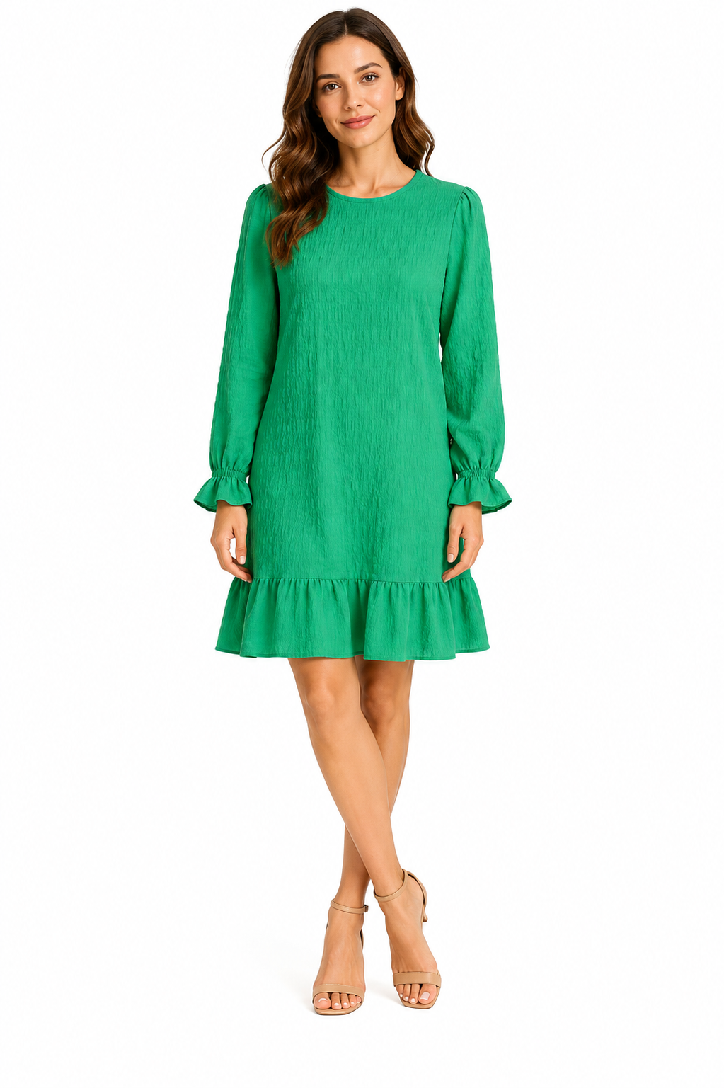 Green Cuteduck women's textured ruffle hem shift dress with long sleeves, size large, showcasing a stylish and comfortable design.