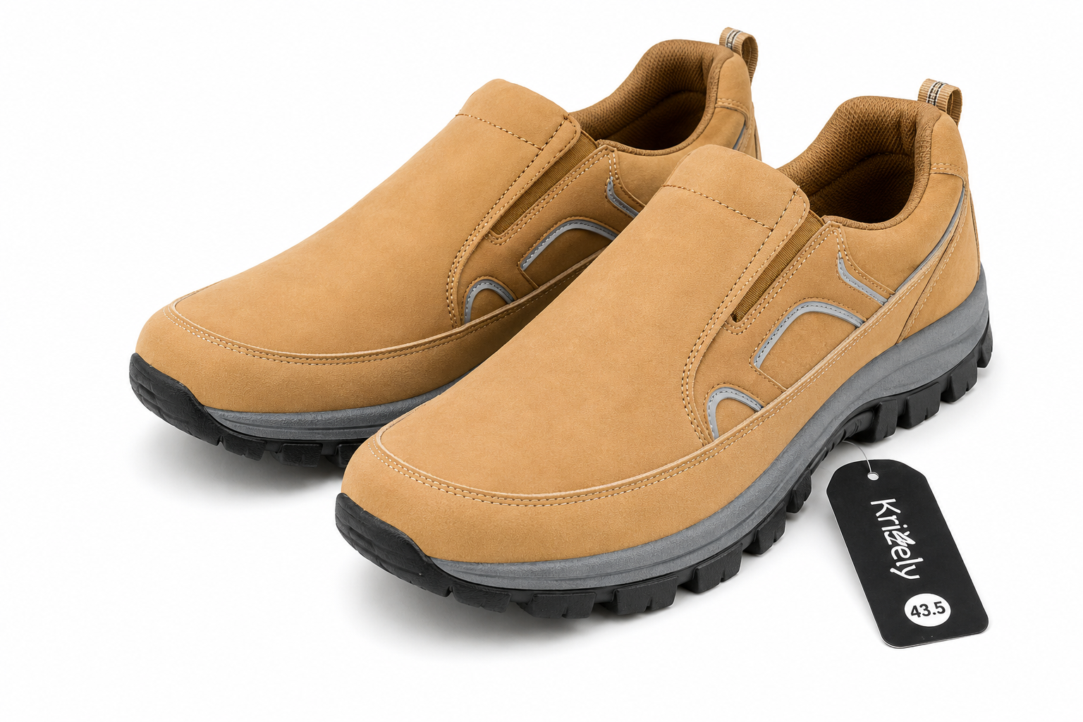 Tan men's slip-on loafers by Kricely, size 10, casual walking shoes with a sleek design and comfortable slip-on style.