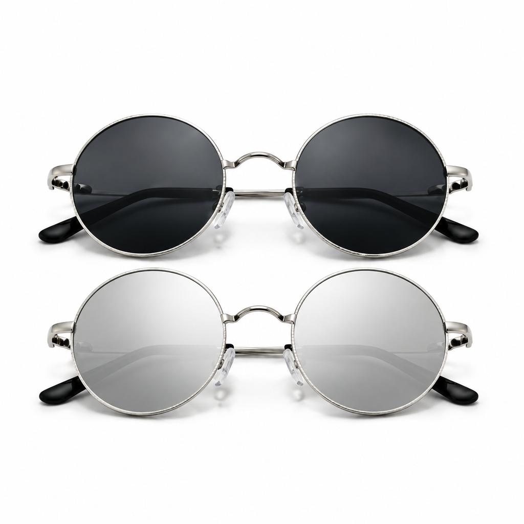 Two pairs of NIEEPA Lennon round sunglasses featuring classic frames and tinted lenses, stylish eyewear for casual wear.