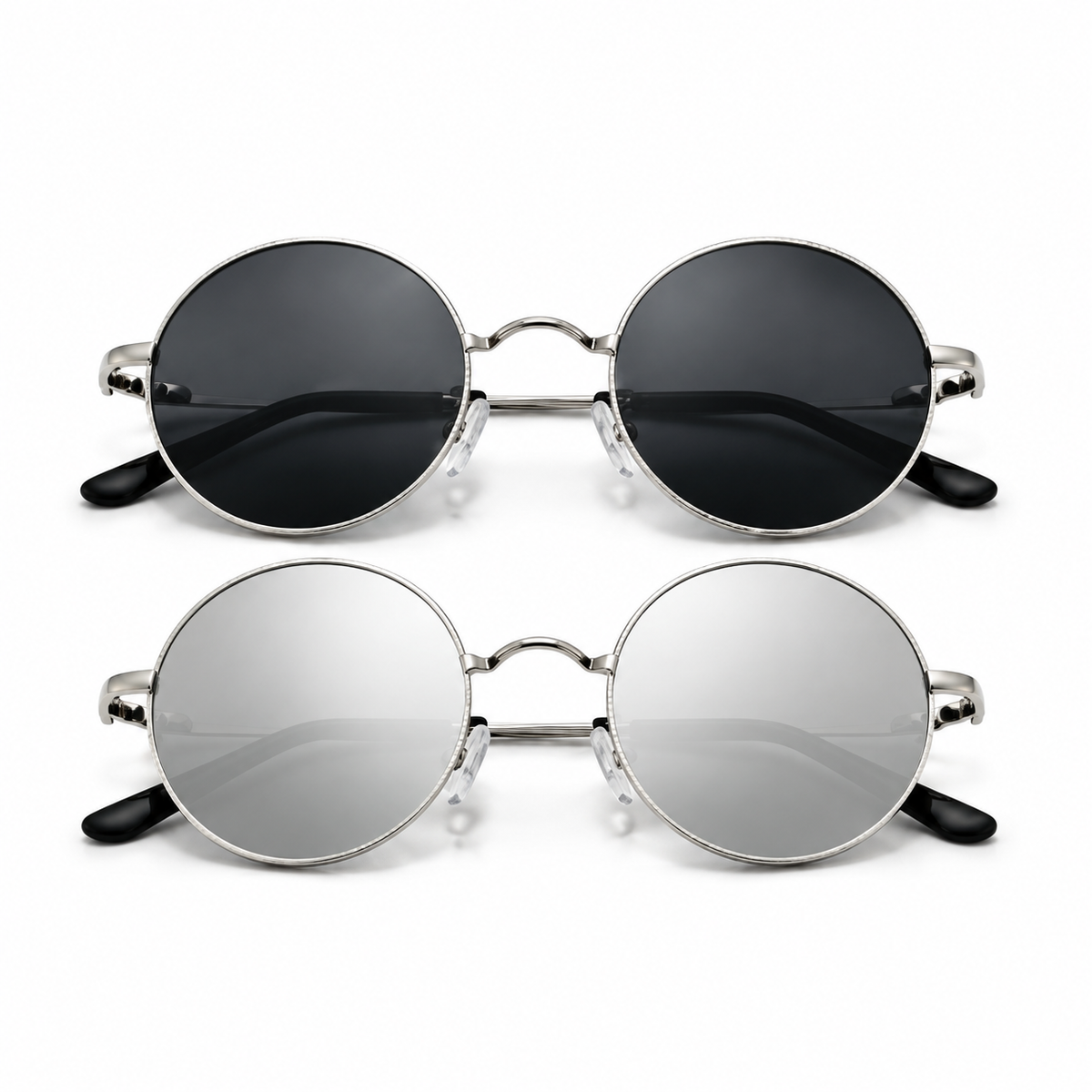 Two pairs of NIEEPA Lennon round sunglasses featuring classic frames and tinted lenses, stylish eyewear for casual wear.