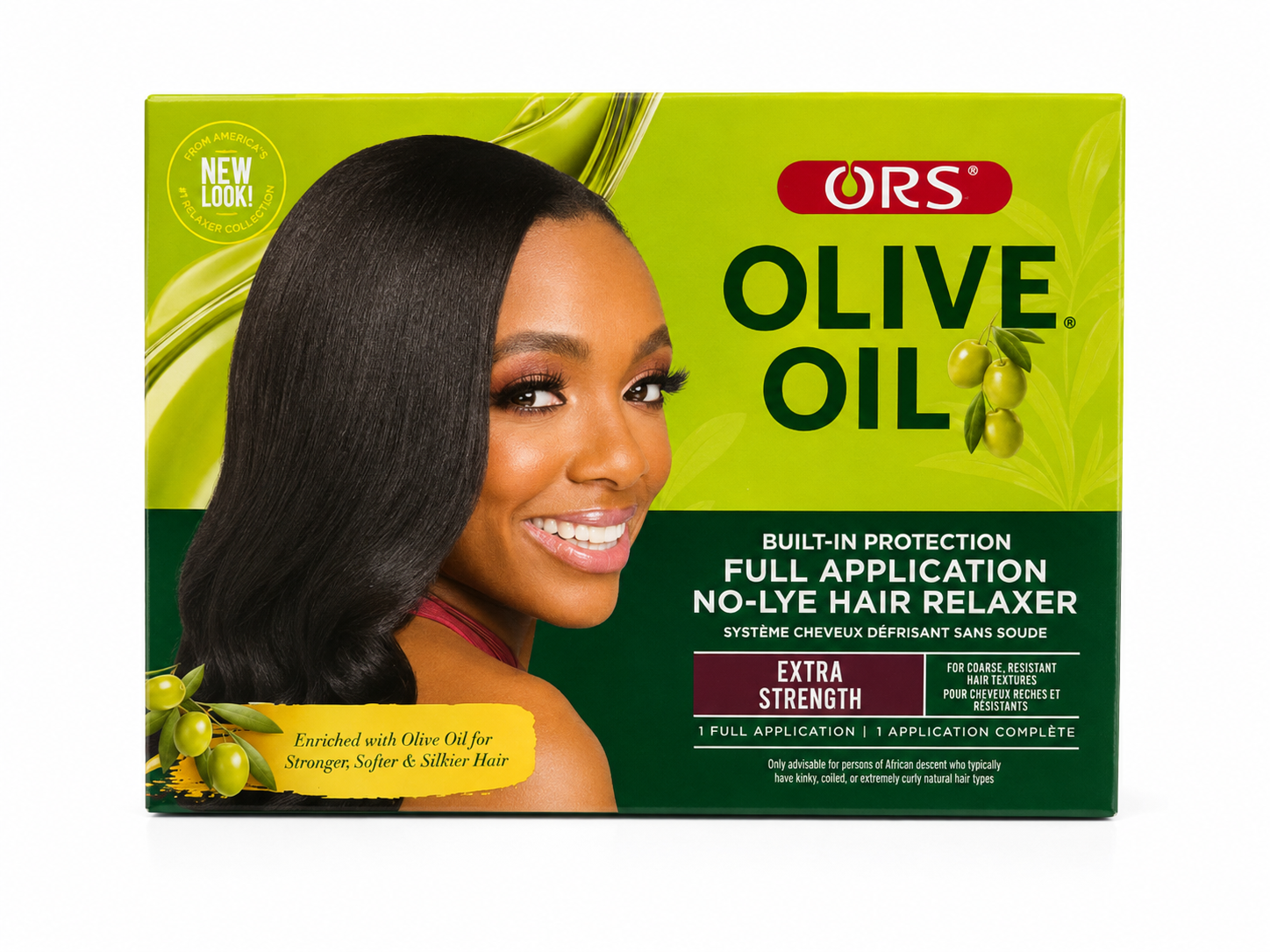 Bottle of Republic Mercantile Olive Oil Extra Strength Hair Relaxer with olive oil for hair straightening and conditioning.