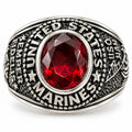 Men's US Marine Corps signet ring in silver with red details, size 8, featuring engraved Marine emblem and Republic Mercantile branding.