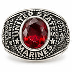 Men's US Marine Corps signet ring in silver with red details, size 8, featuring engraved Marine emblem and Republic Mercantile branding.