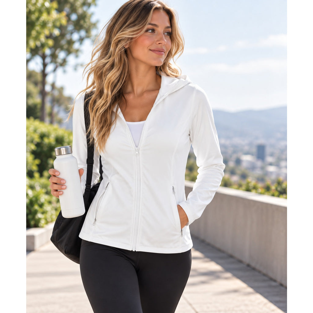 TRYSIL women's white fleece jacket athletic hoodie, size XS, shown on a model with a front view.