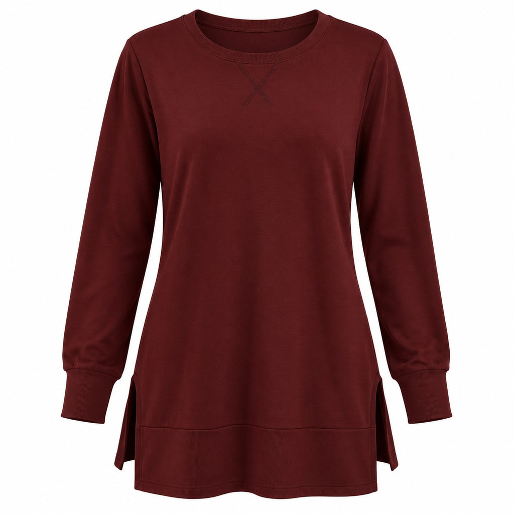 Moshu women's crewneck sweatshirt with side splits, long sleeves, in size XL, shown in a relaxed fit on a model.