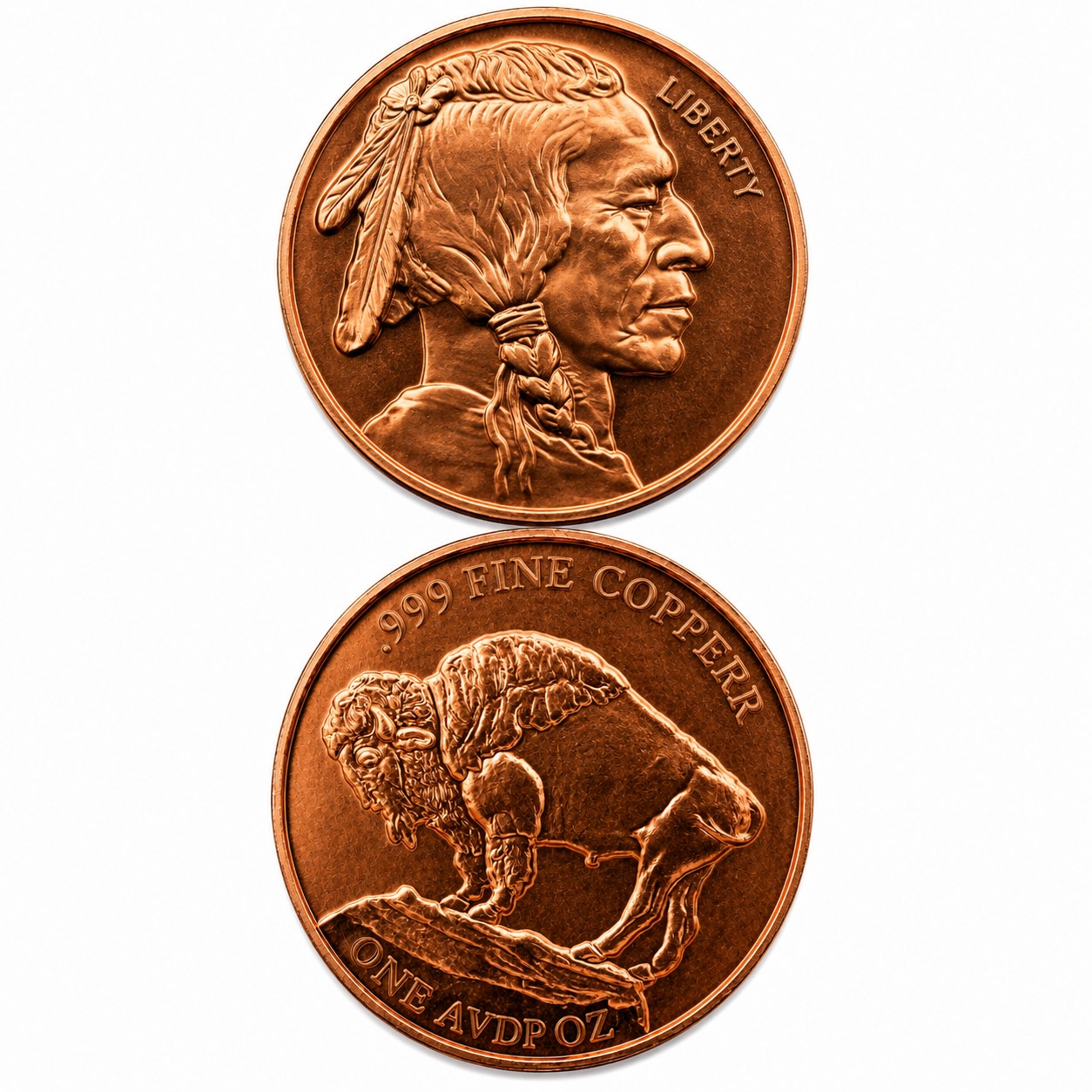 Close-up of Republic Mercantile 1 oz .999 fine copper collectible coin featuring a detailed buffalo design.