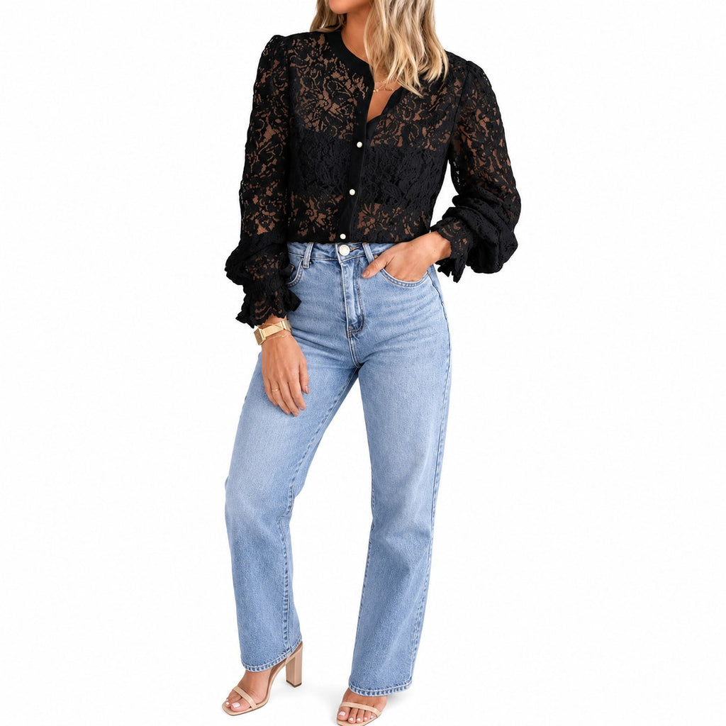 Prettygarden Women's lace blouse with long sleeves, button-up design, casual dressy style, in size XL