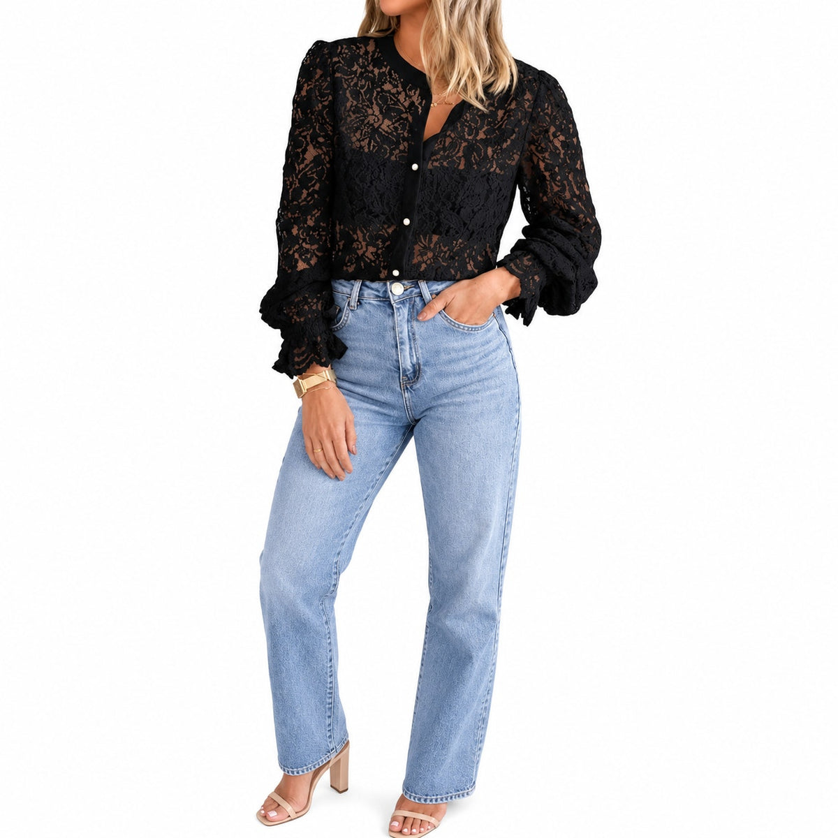 Prettygarden Women's lace blouse with long sleeves, button-up design, casual dressy style, in size XL