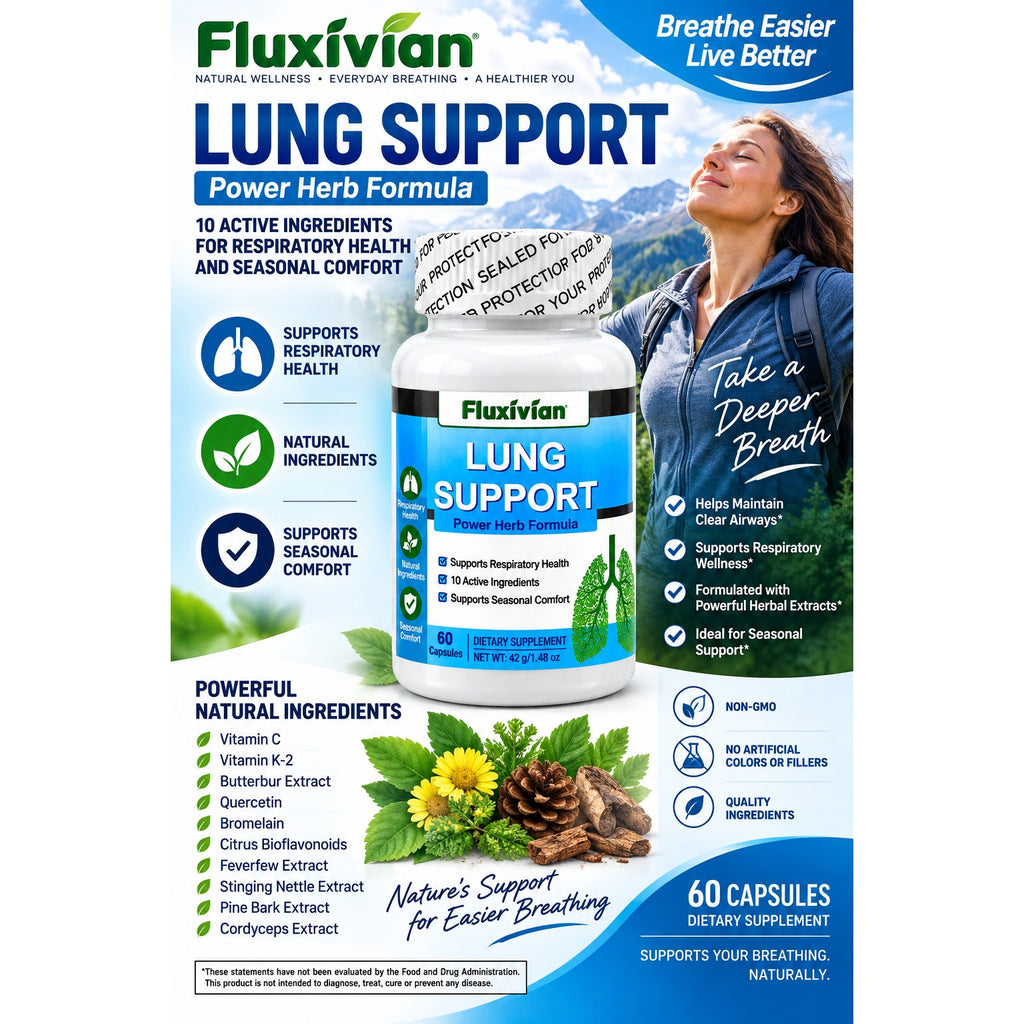 Fluxivian Lung Support Power Herb Formula capsules, dietary supplement with herbal ingredients for respiratory health.