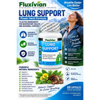 Fluxivian Lung Support Power Herb Formula capsules, dietary supplement with herbal ingredients for respiratory health.