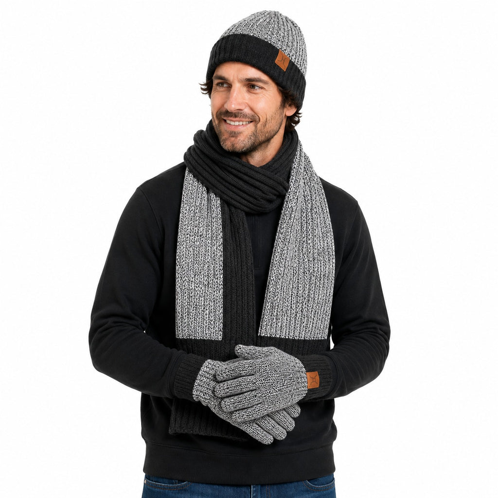 4-pc Men's Winterwear Set Beanie, Gloves & Scarf in Gray/Black