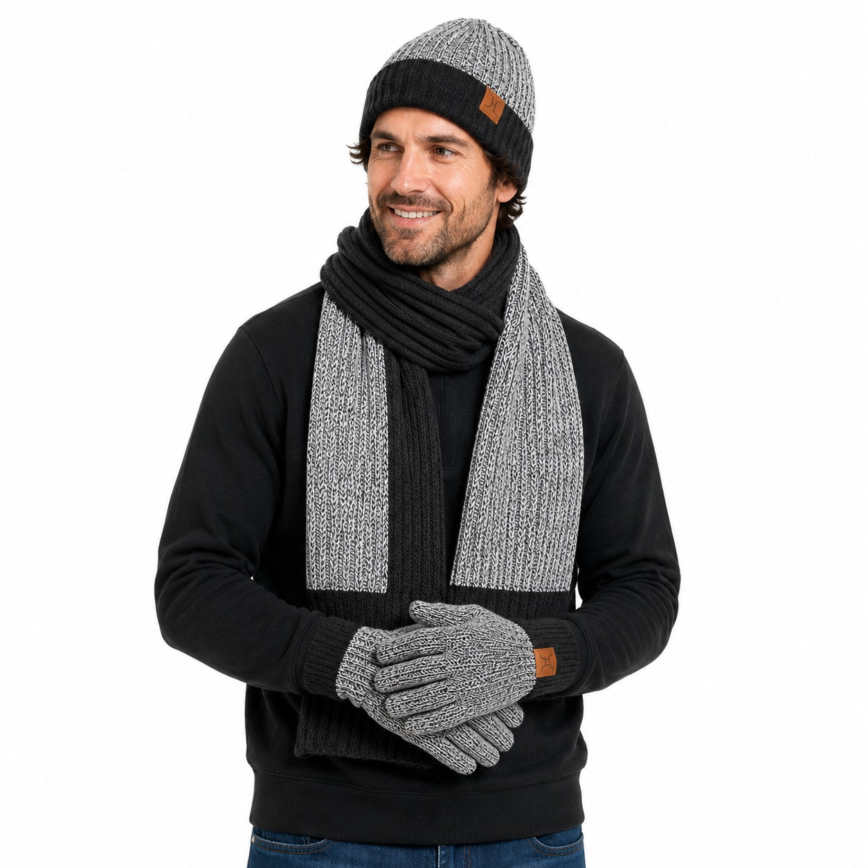 4-pc Men's Winterwear Set Beanie, Gloves & Scarf in Gray/Black