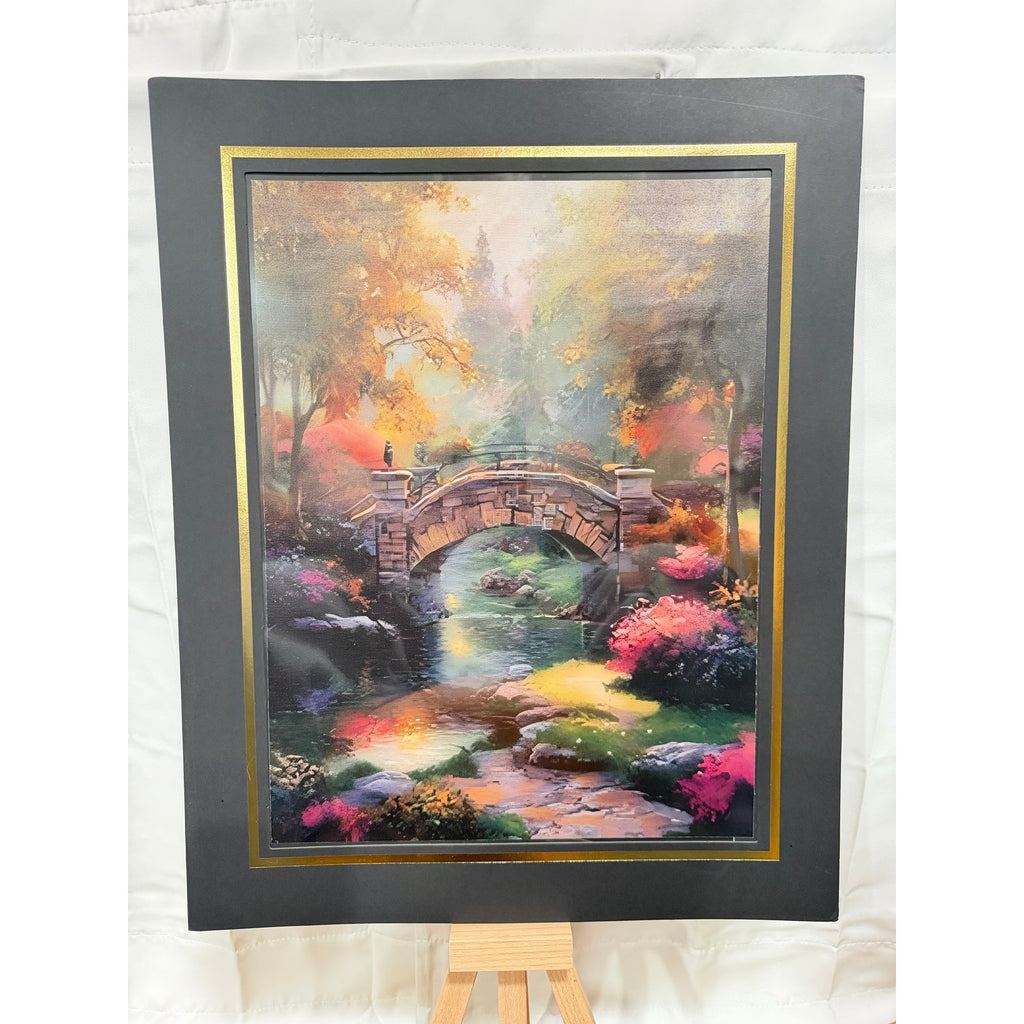 Forest bridge art print on canvas, 12x16 inches with 16x20 mat, by Republic Mercantile, showcasing a scenic nature landscape.