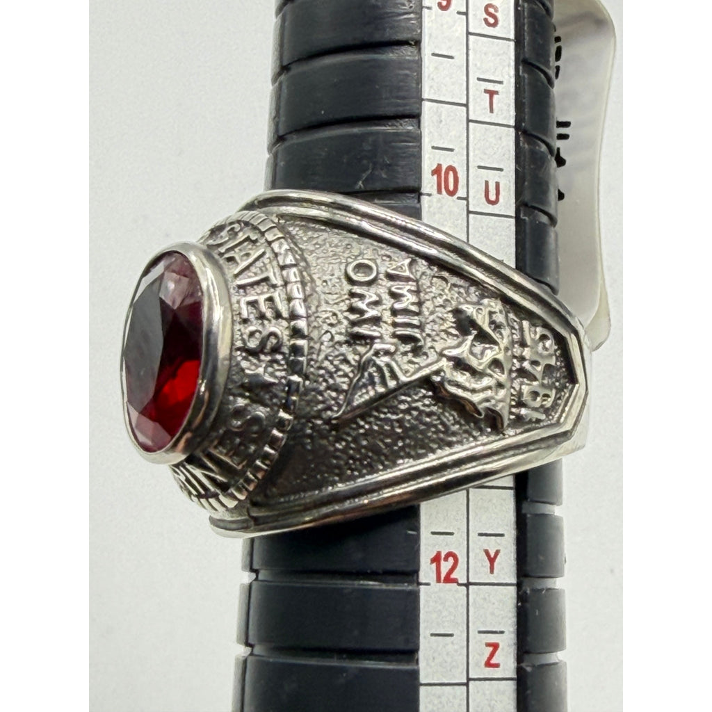Men's US Marine Corps signet ring in silver with red accents, size 11, featuring detailed Marine emblem and Republic Mercantile branding.