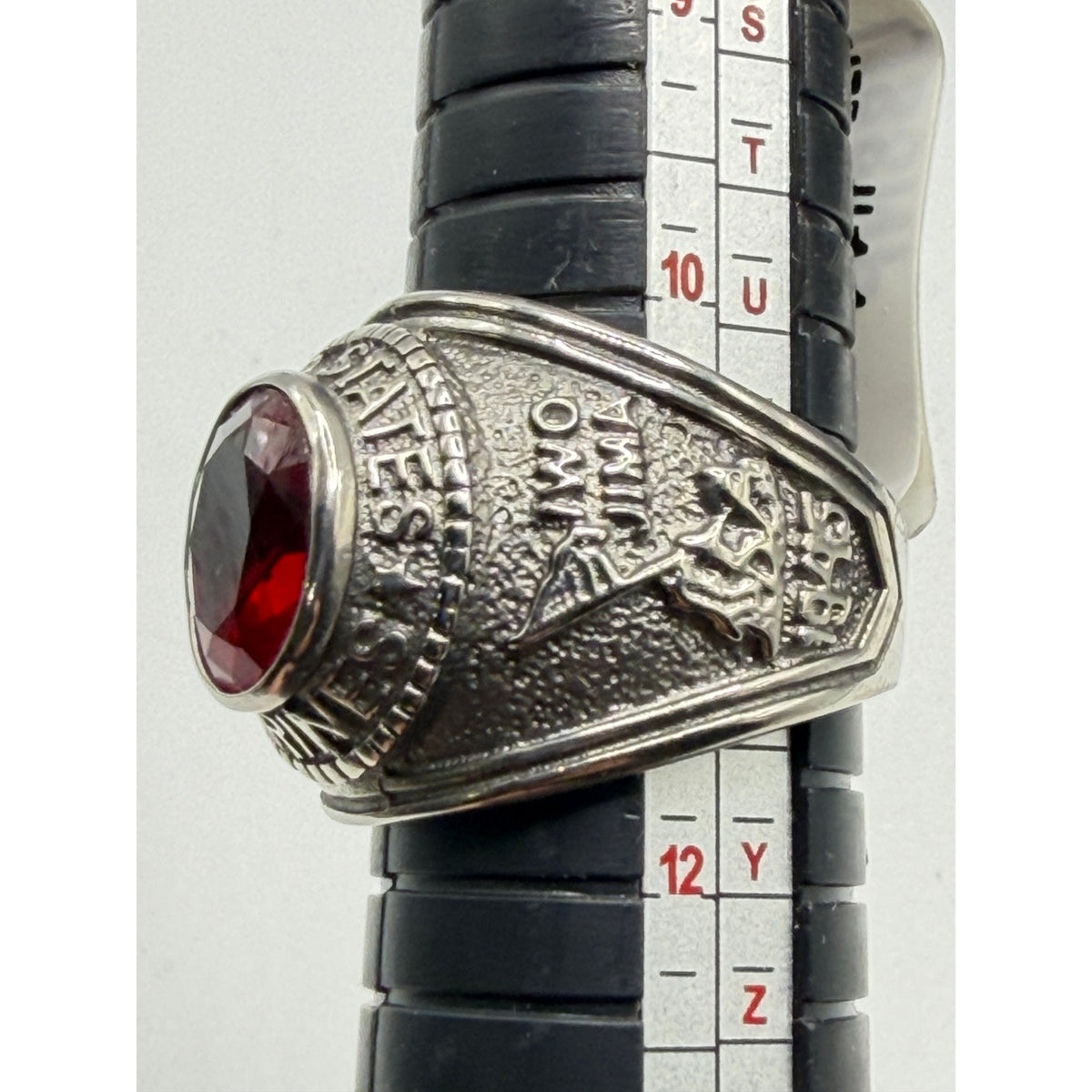 Men's US Marine Corps signet ring in silver with red accents, size 11, featuring detailed Marine emblem and Republic Mercantile branding.