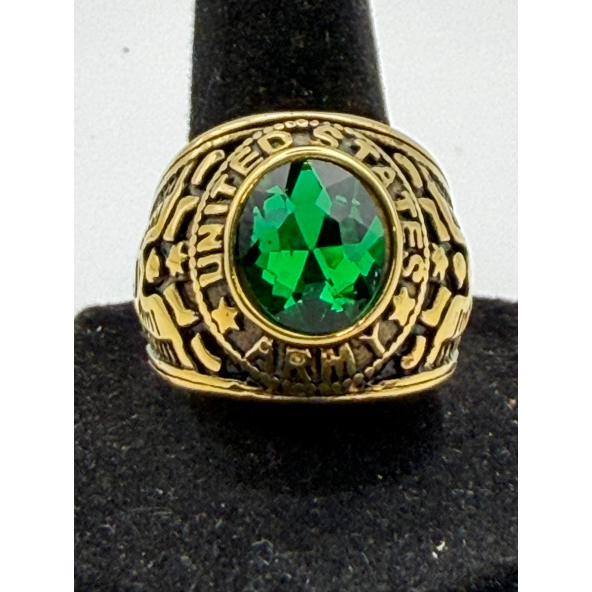 Men's US Army signet ring in gold and green, size 12, by Republic Mercantile, featuring military insignia on the face.