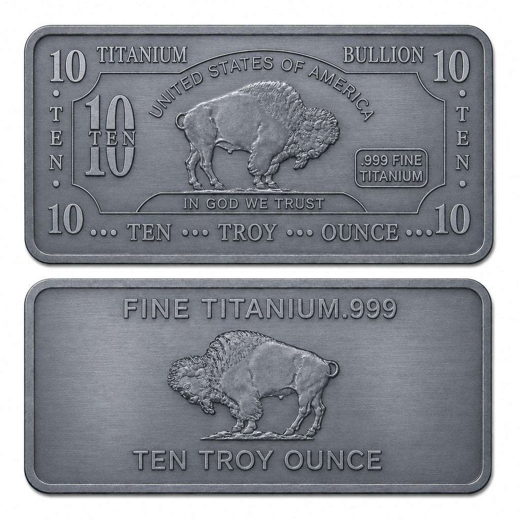 Ten Troy oz .999 Fine Titanium Collectible Bar from CMC Mint, featuring intricate engravings and a sleek metallic finish.